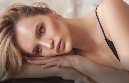 Woman resting her head on hands, serene expression.