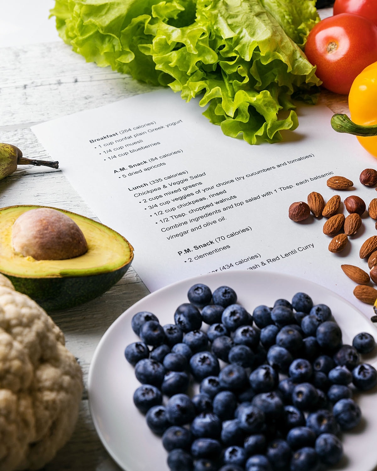 Meal plan with fresh ingredients and healthy snacks.