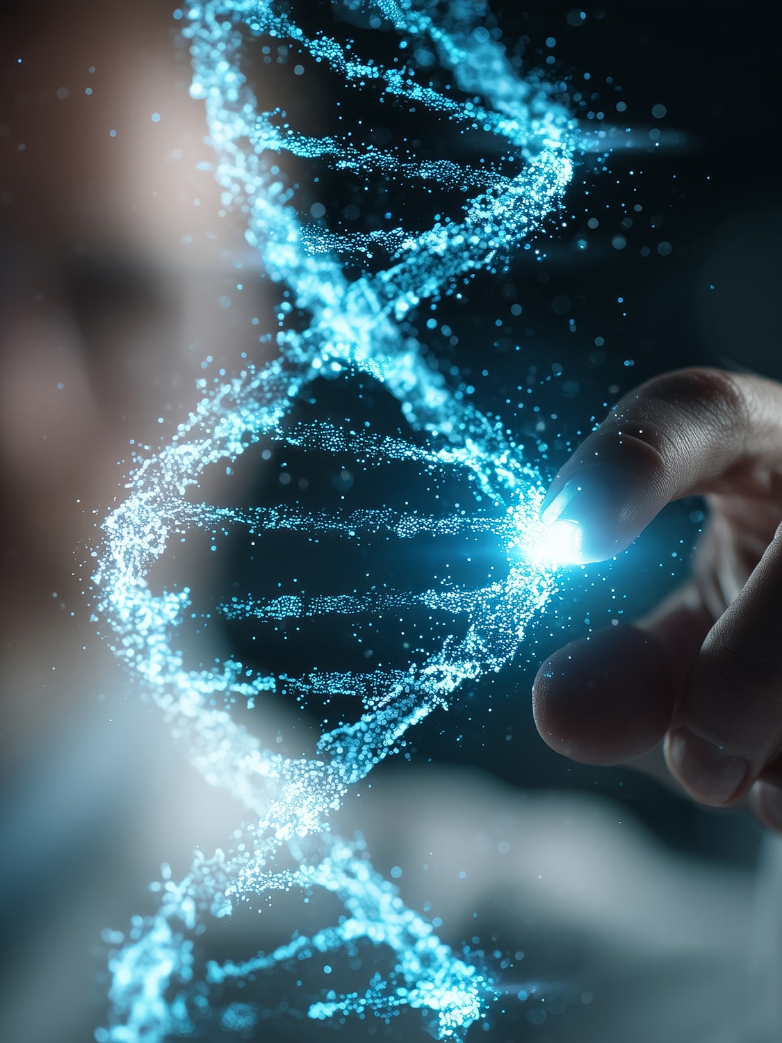 Glowing DNA strand with hand interaction.