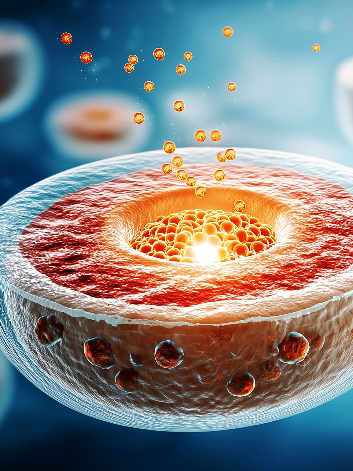 Cell with glowing particles and nucleus structure.