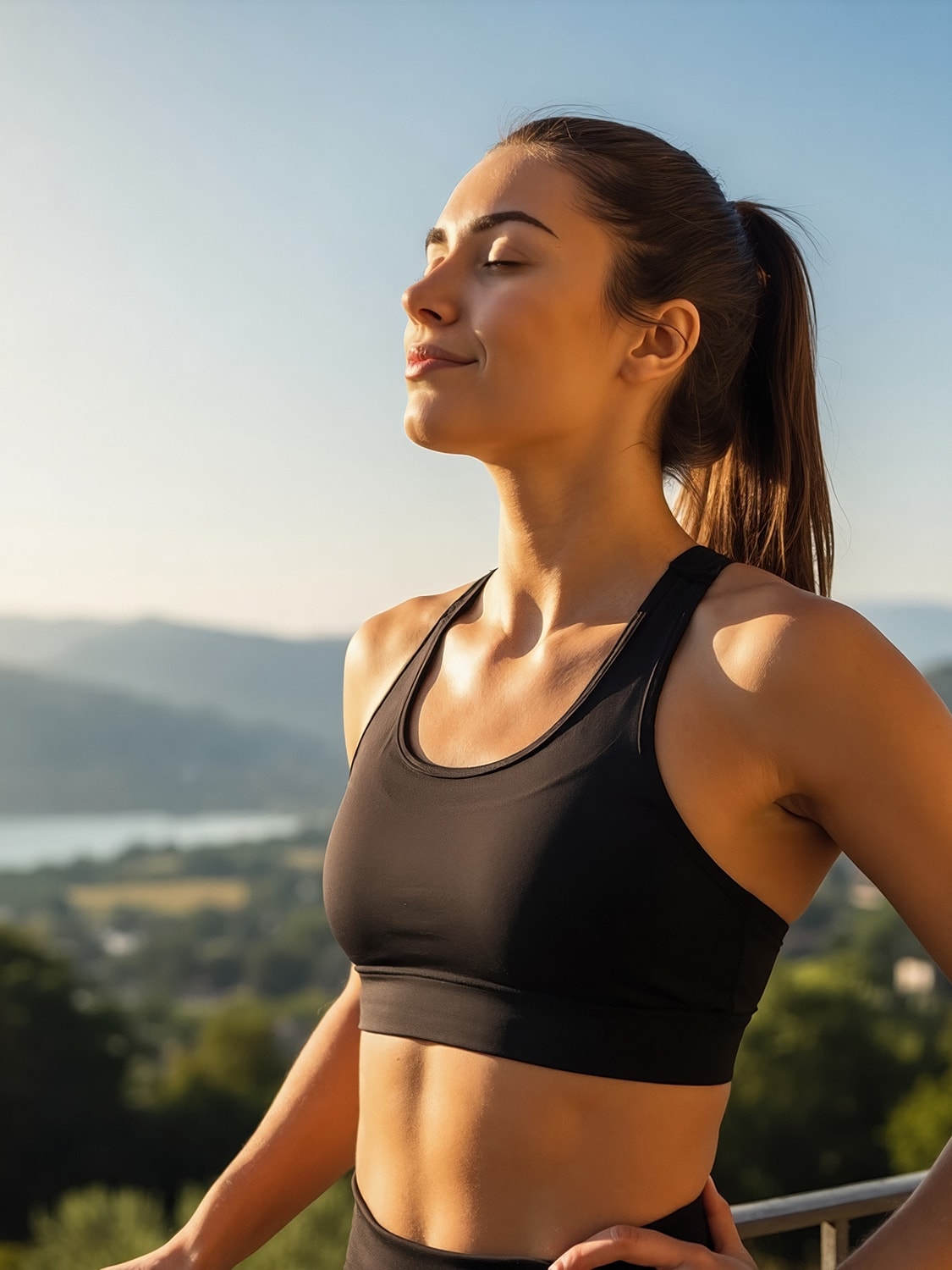 Woman enjoying a serene outdoor moment.