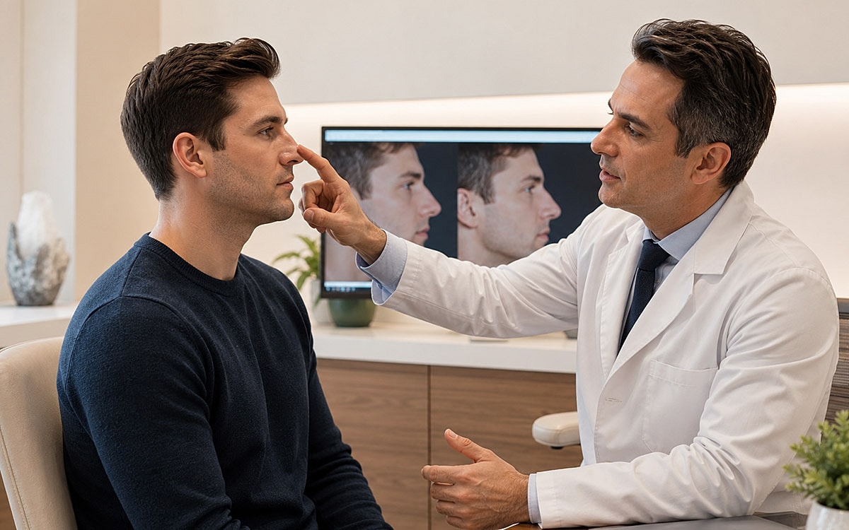 doctor with patient looking at his nose