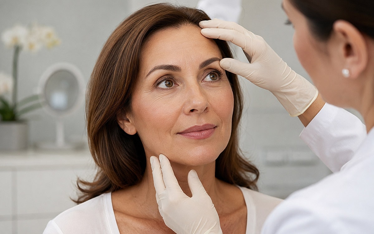 female patient with doctor looking brow lift