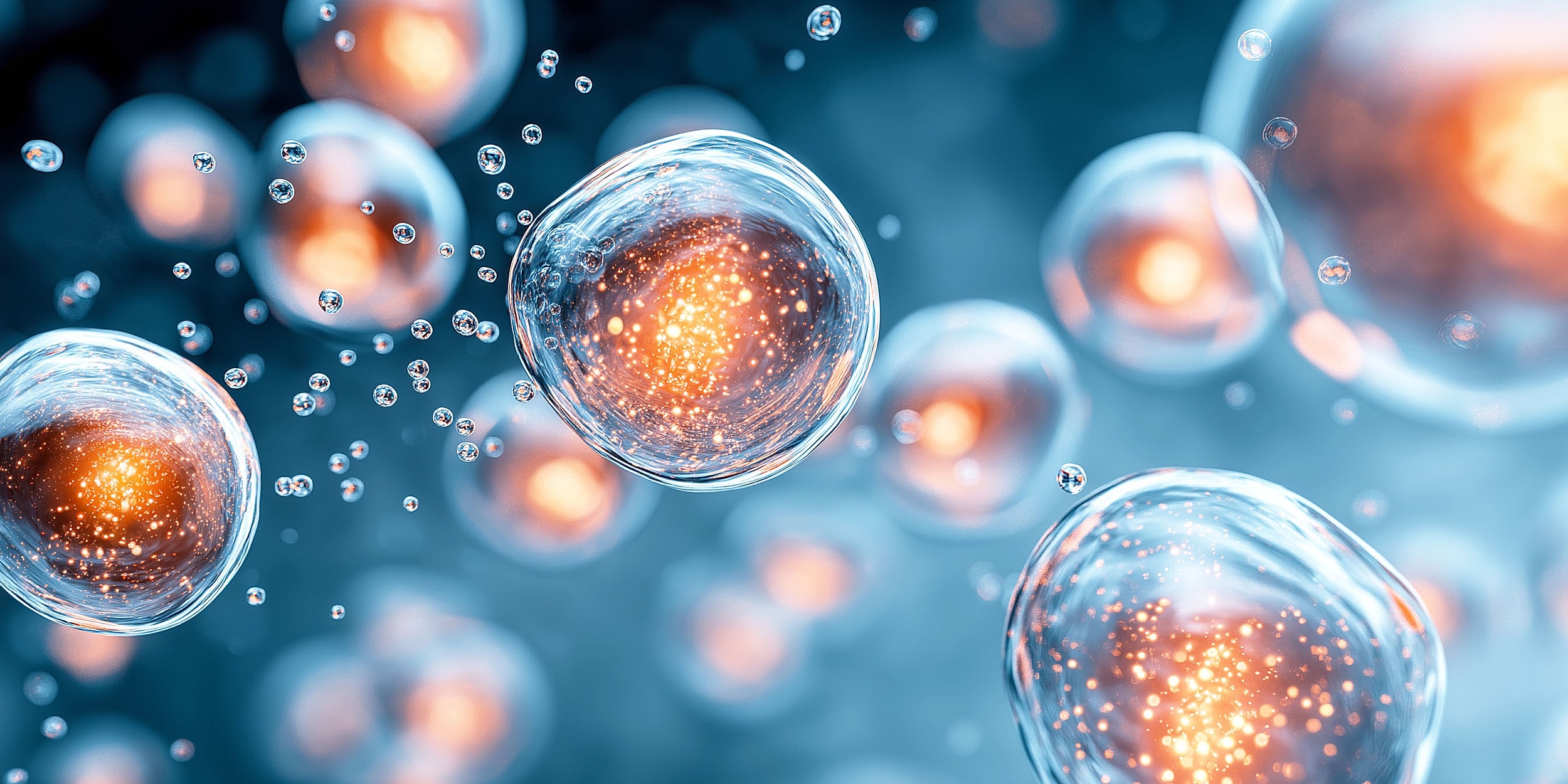 Abstract image of glowing, floating cells.