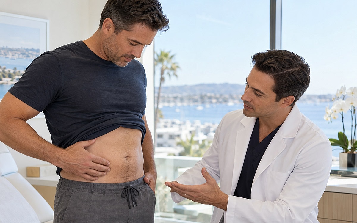 Patient consultation about abdominal concerns in office.