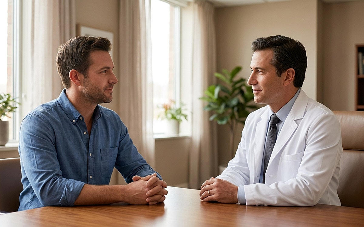 male patient talking to a plastic surgeon about procedure
