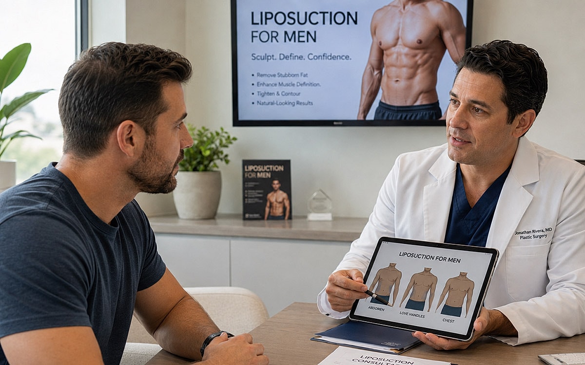 Doctor consulting about liposuction options for men.