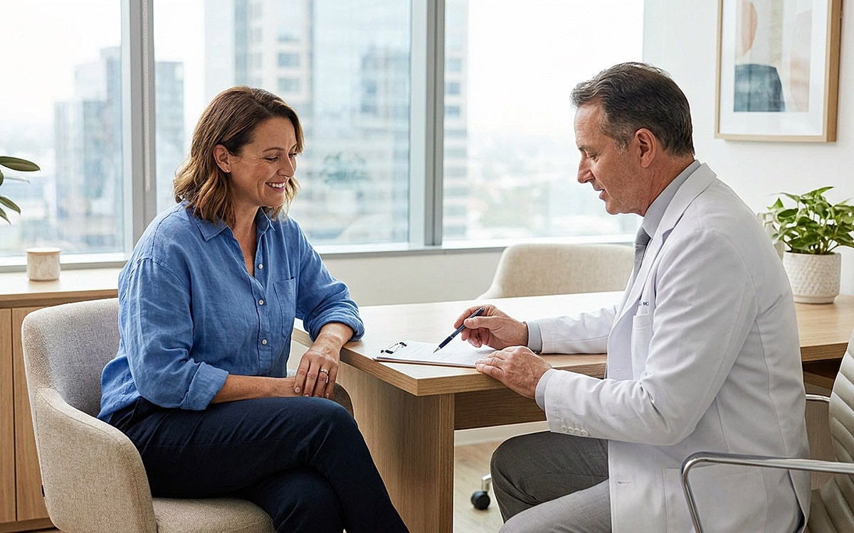 Doctor consulting with patient in modern office.