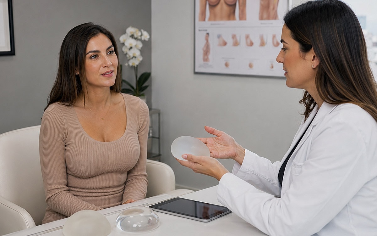 Consultation about breast implants in medical office.