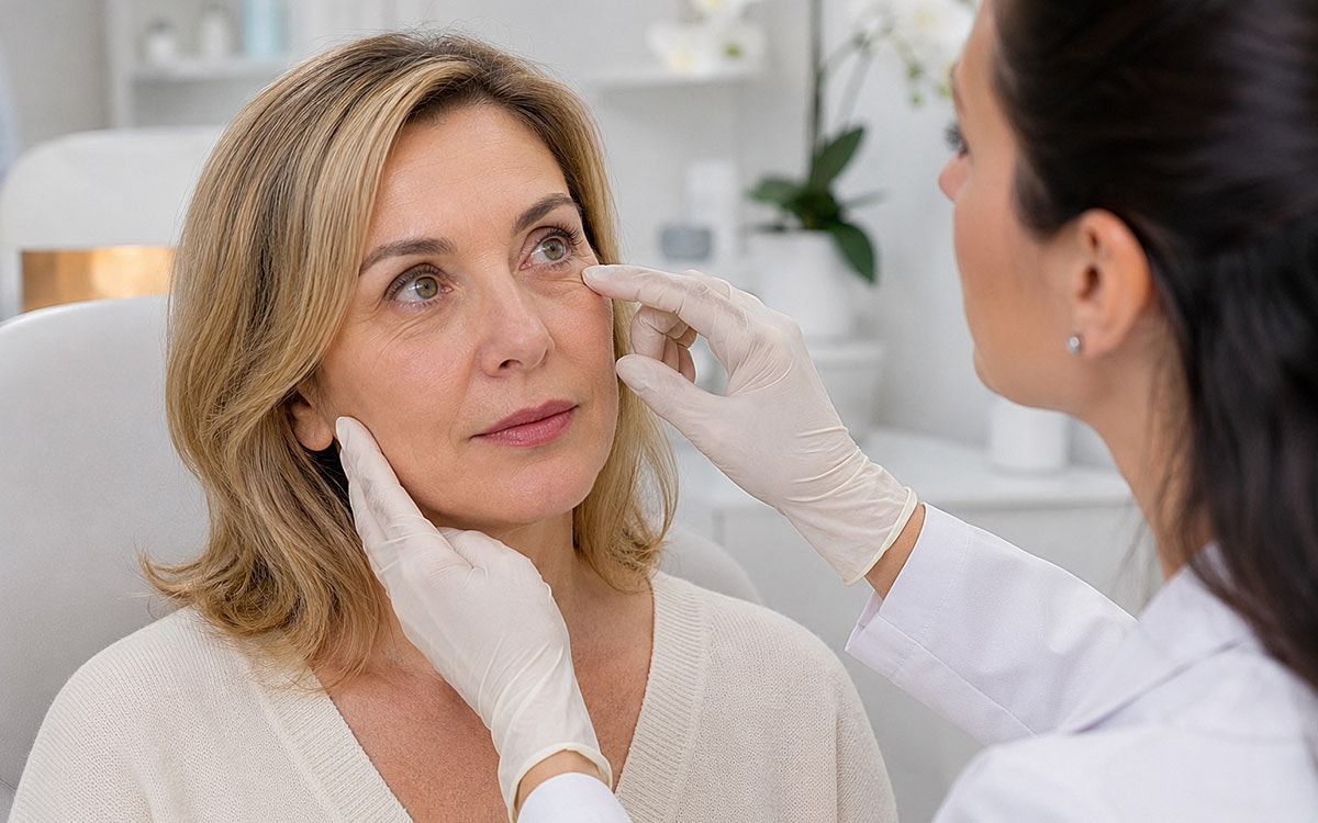 woman at her doctor appointment for eyelid surgery