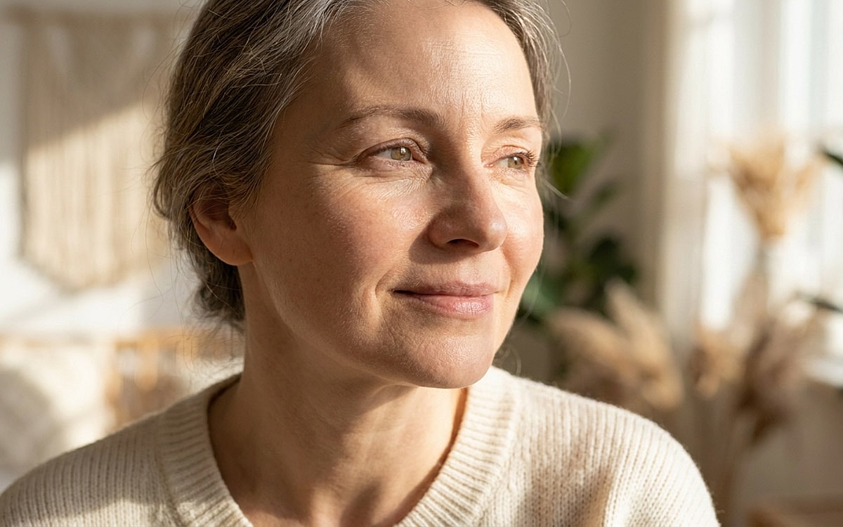 woman at home with eyes looking tired