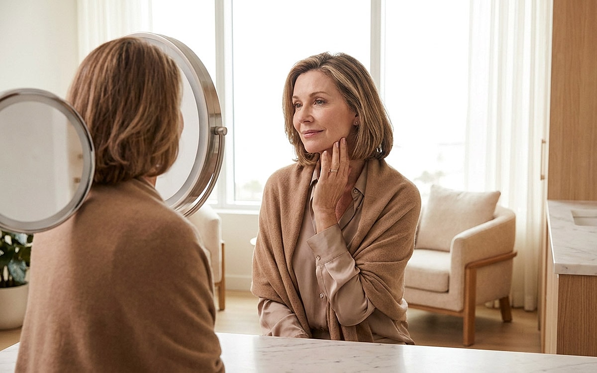 woman looking herself on the mirror after a facelift