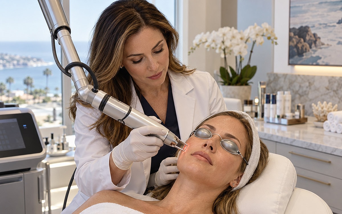 Woman receiving CO₂ laser resurfacing treatment at a cosmetic clinic