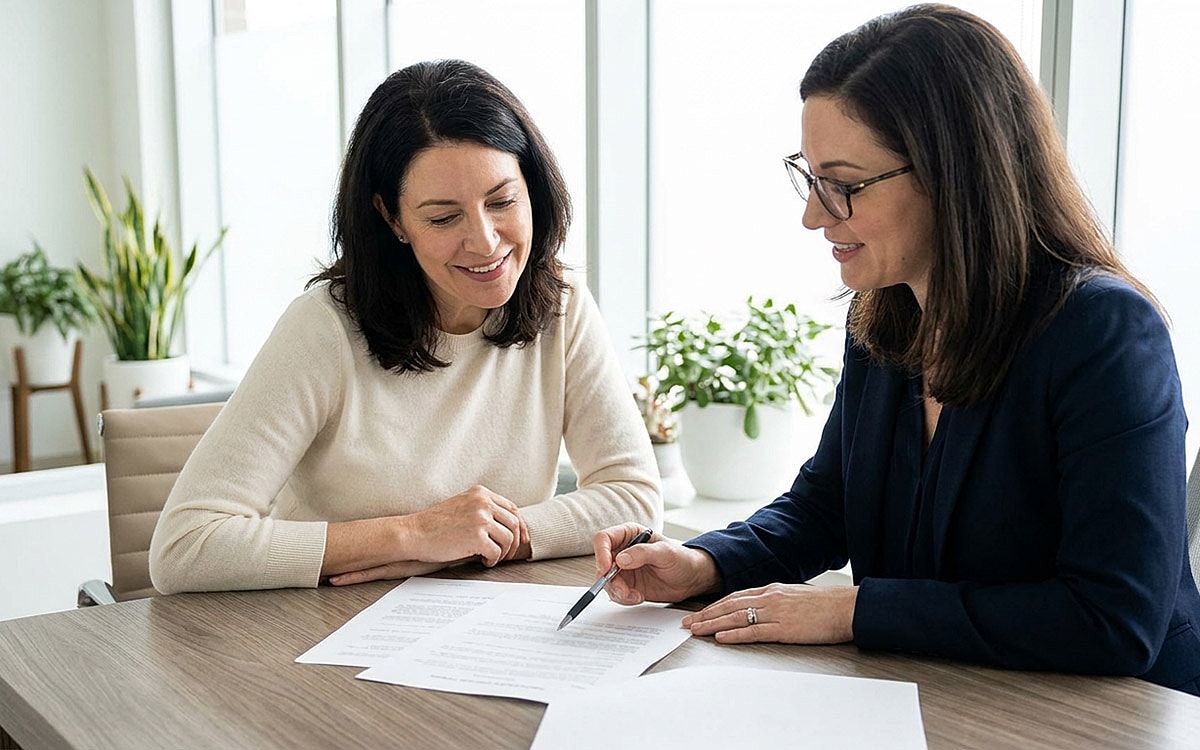 Two women discussing documents at a table.