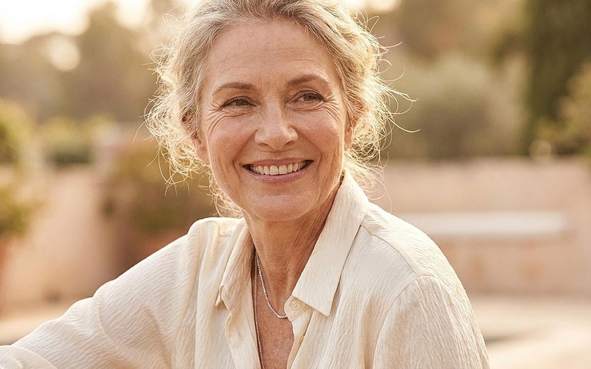 Smiling older woman in a light-colored blouse.