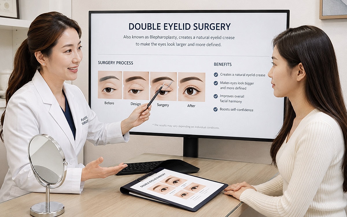 woman with doctor talking about double eyelid surgery