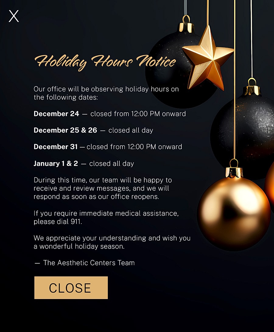 Holiday hours notice with closed dates listed.