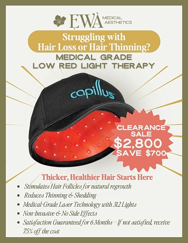 Capillus hair therapy cap with promotional details.